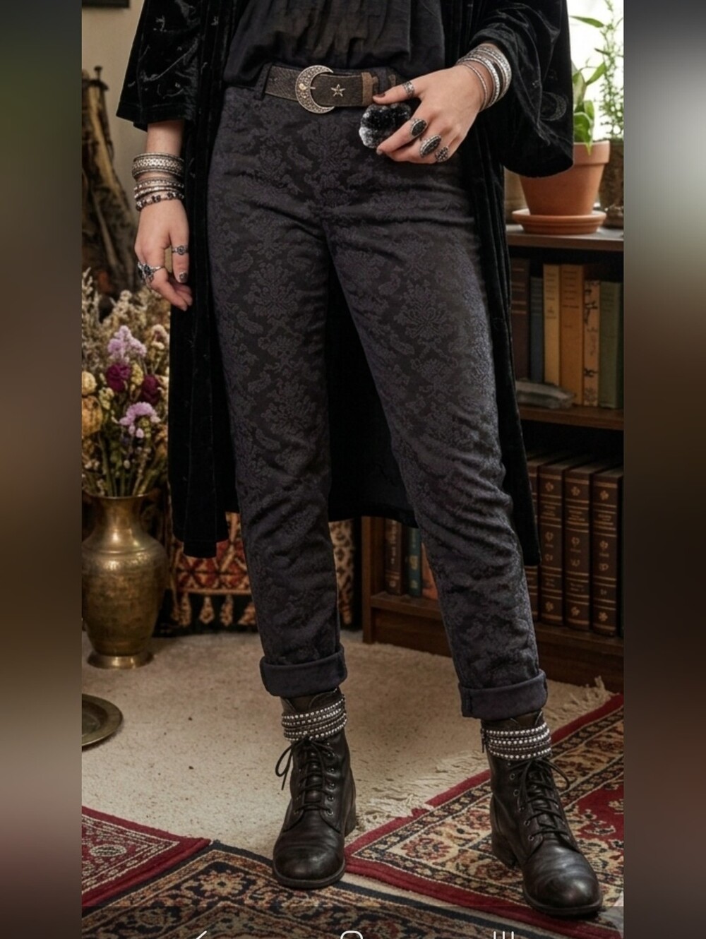 Collins Skinny Trousers Espresso Brown Burgundy Damask Brocade Pants 42 Goth